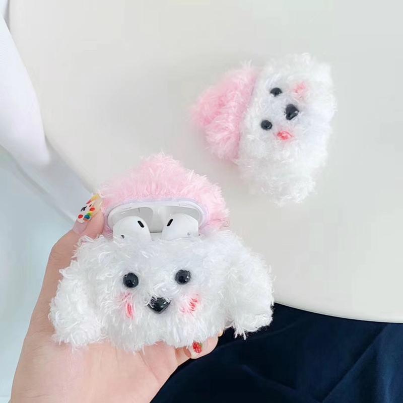 Cute Plush Furry White Doggy Premium AirPods Case Shock Proof Cover