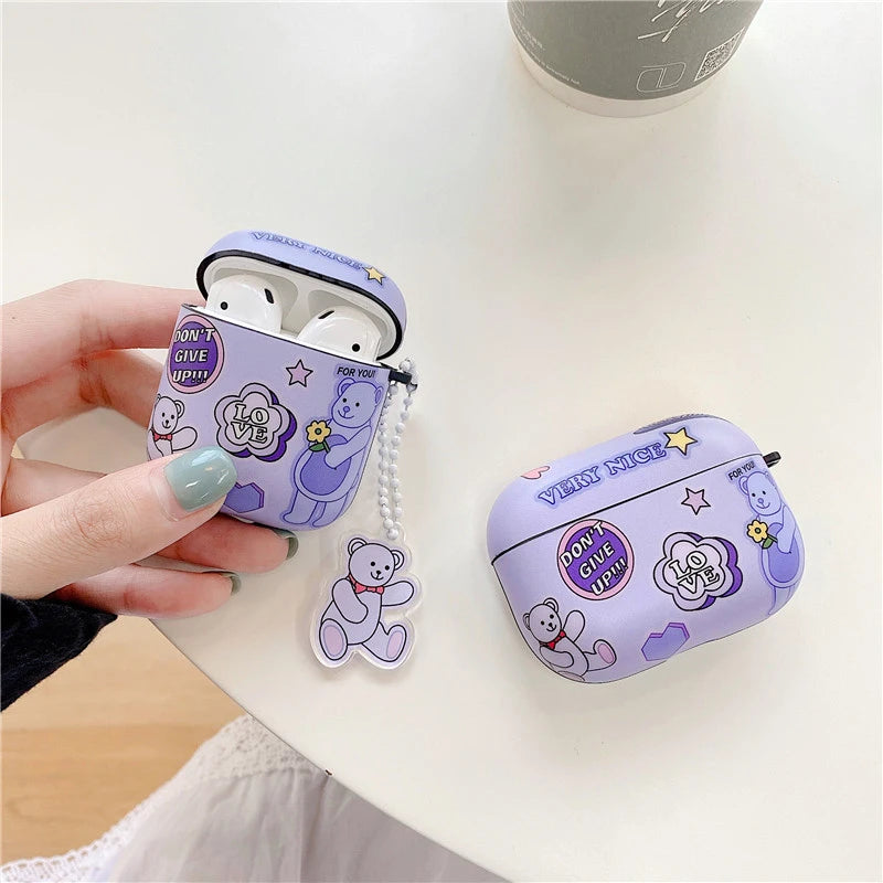 Cute Purple Bear 'Don't Give Up' AirPods Case Shock Proof Cover