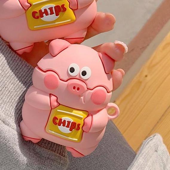 Cute Pig with a Bag of Chips Premium AirPods Case Shock Proof Cover