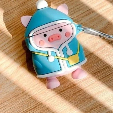 Cute Pig in Blue Coat with Hood Premium AirPods Case Shock Proof Cover