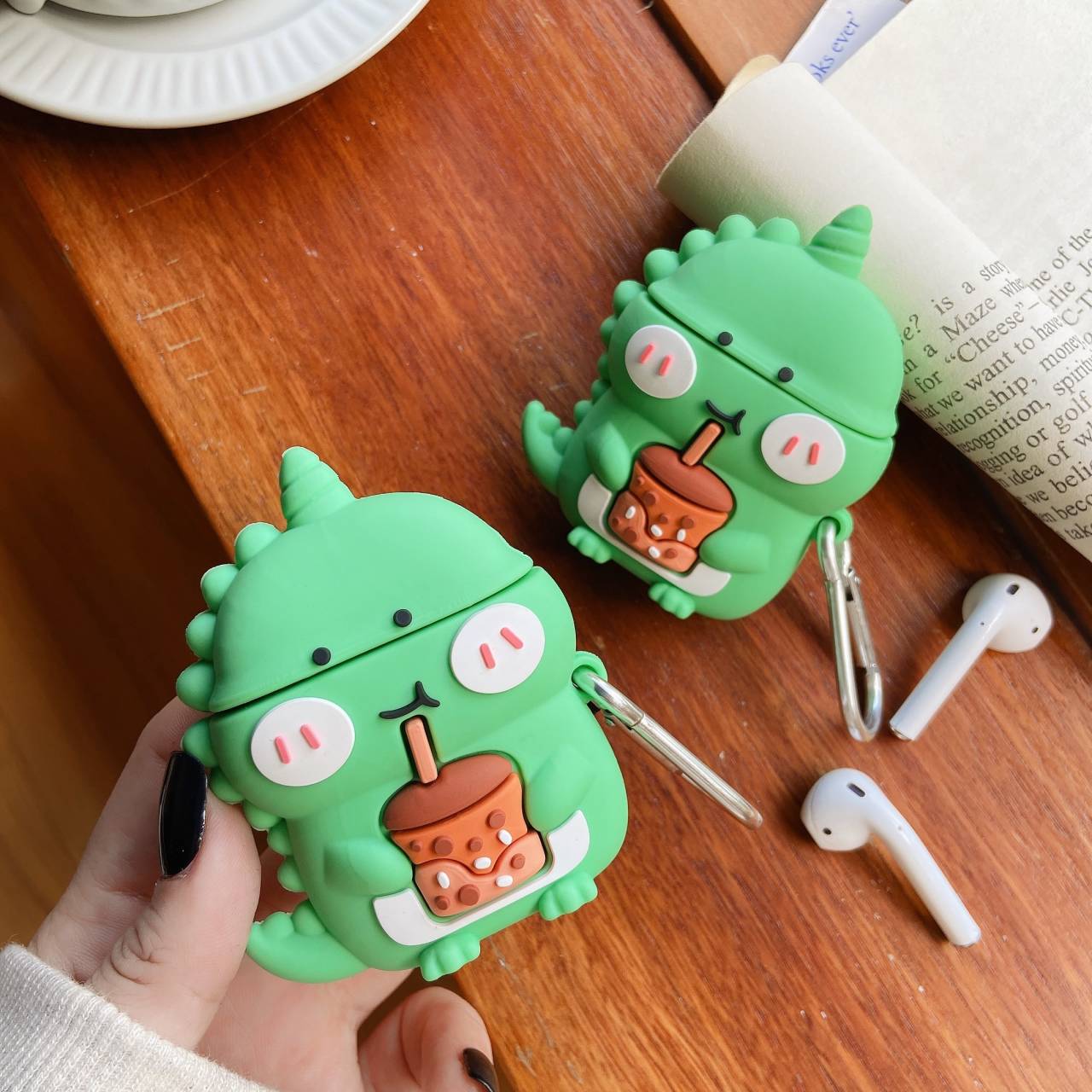 Cute Dinosaur Sipping Bubble Tea Premium AirPods Case Shock Proof Cover